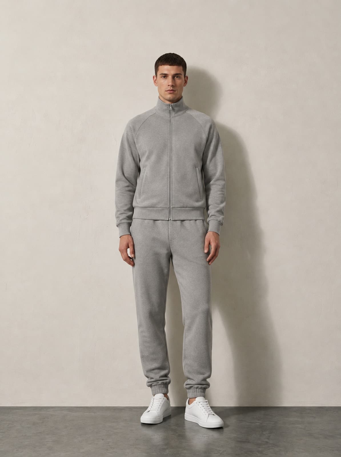 Soho Track Top in ash worn zipped, showing the stand collar and zip garage